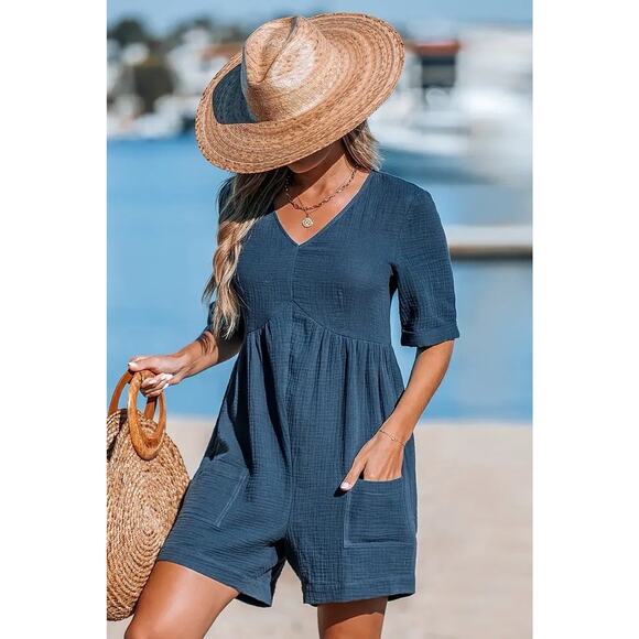 CUPSHE Blue V-Neck Wide Leg Jumpsuit Short Sleeve Romper with Pockets NWT SIZE S - Picture 1 of 5